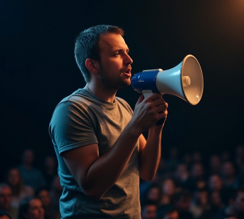 Специалист запускает рекламу, крича в мегафон